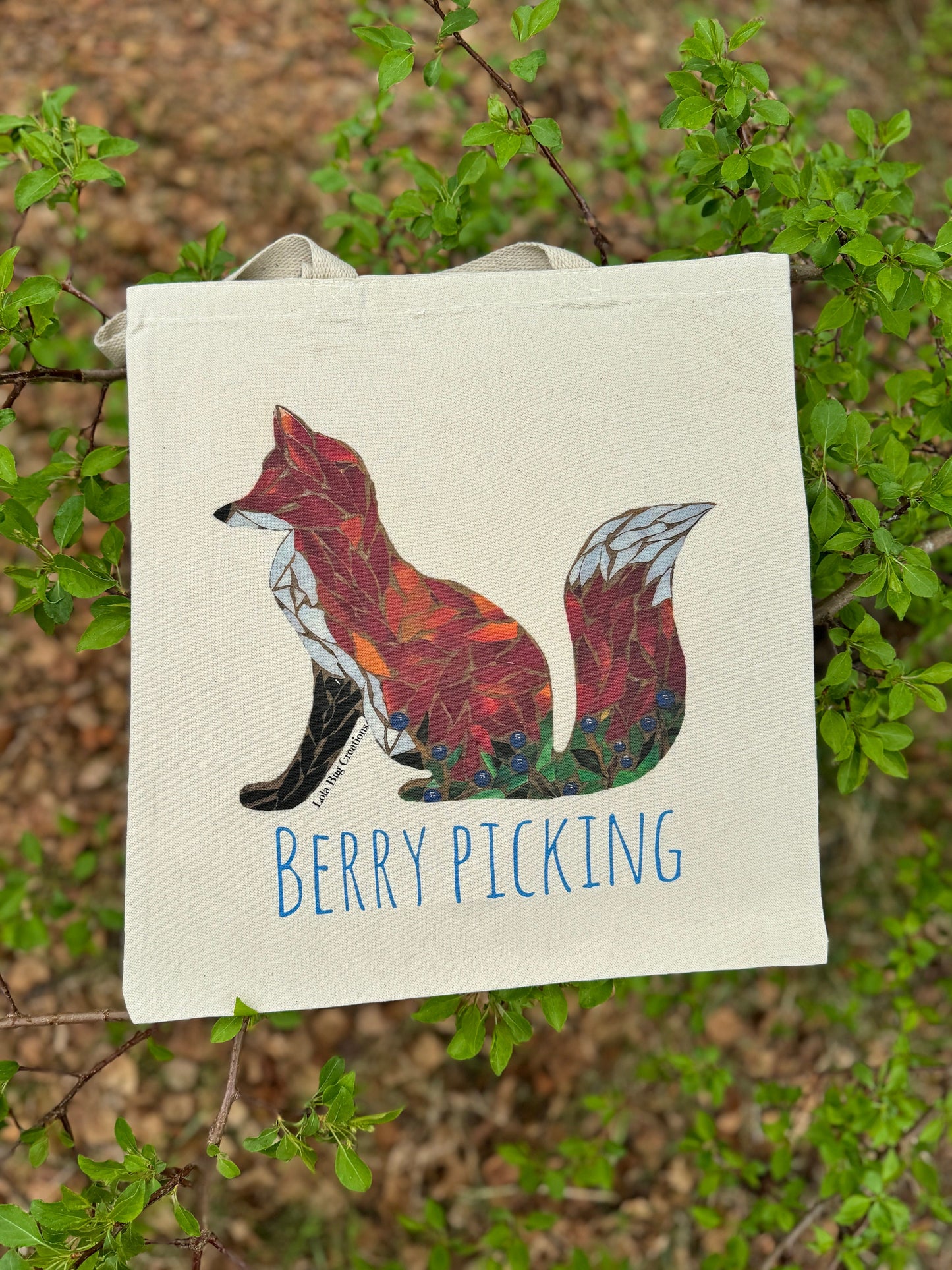 Fox Berry Picking cotton canvas tote printed bag