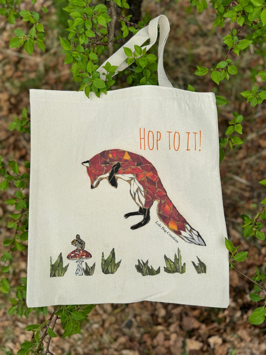 Jumping Fox over squirrel and mushroom cotton canvas tote printed bag