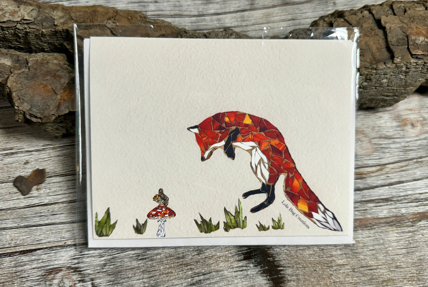 Jumping Fox over squirrel and mushroom Mosaic Note Card