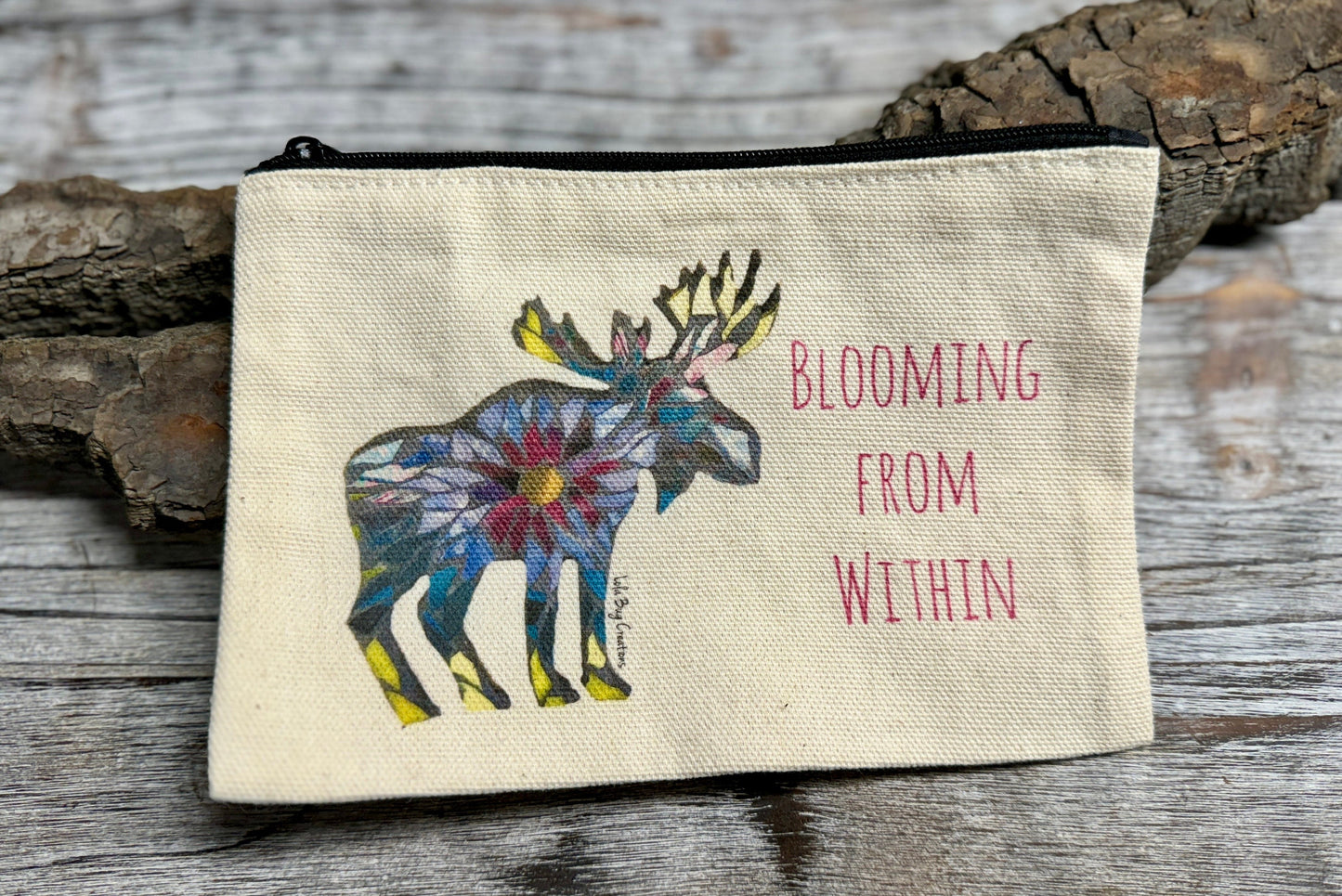 Blooming from within, tiedye moose cotton canvas zipper printed bag