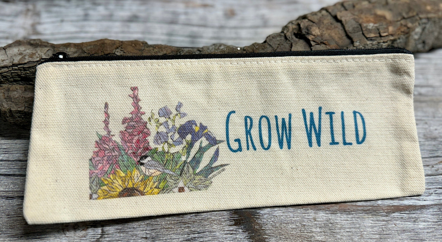 Grow Wild Flowers cotton canvas  zipper printed bag