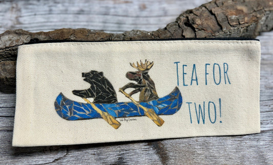 Moose and bear canoe, tea for two, cotton canvas zipper printed bag