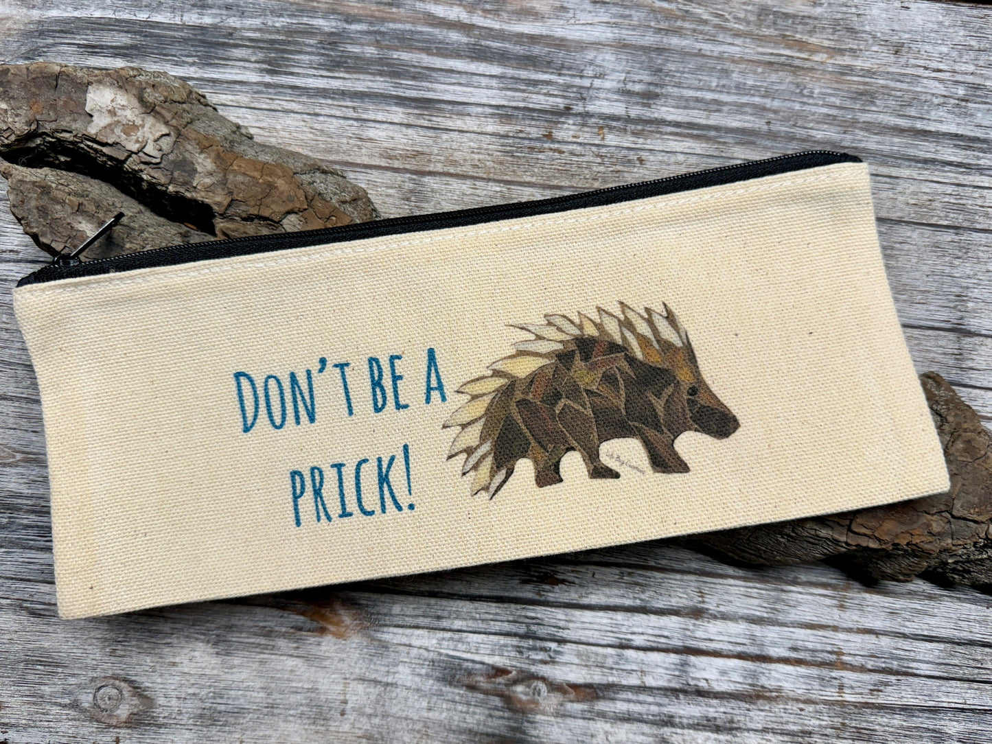 Porcupine “don’t be a prick”, cotton canvas zipper printed bag