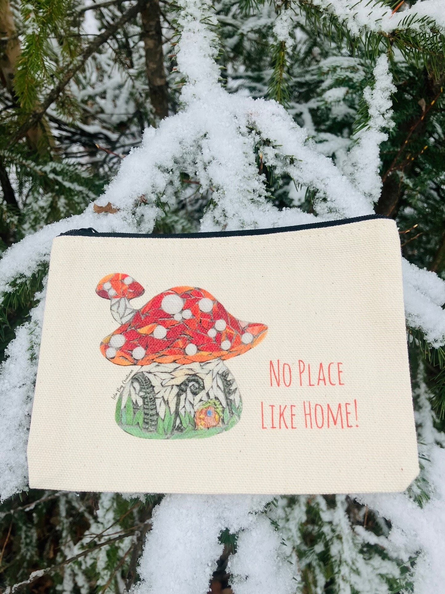 There’s no place like home, mushroom house,  cotton canvas zipper printed bag