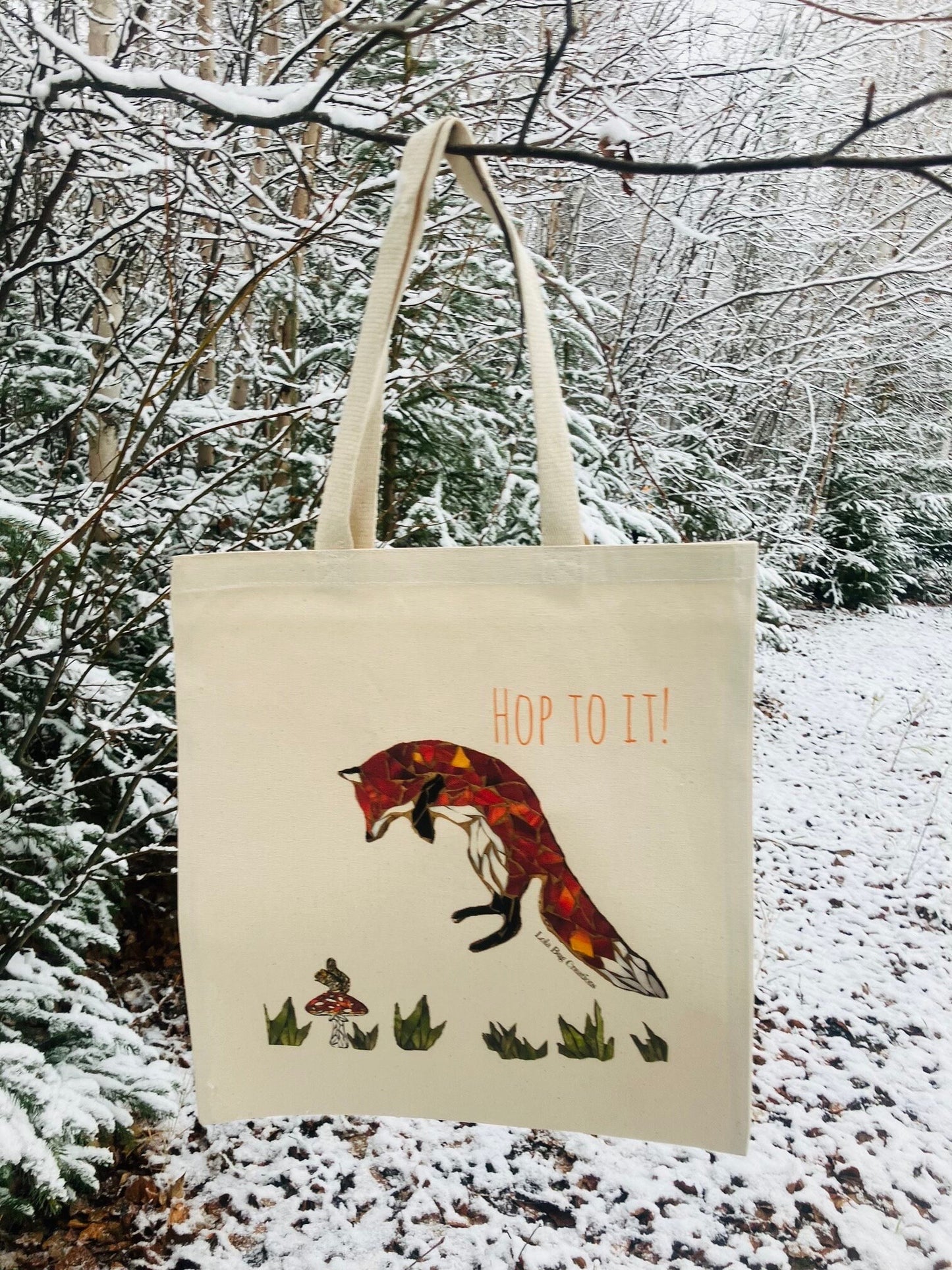 Jumping Fox over squirrel and mushroom cotton canvas tote printed bag