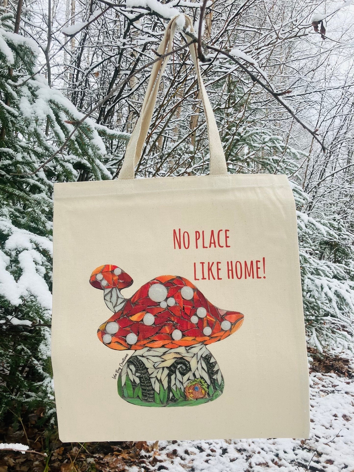 No place like home,  mushroom house, cotton canvas tote printed bag