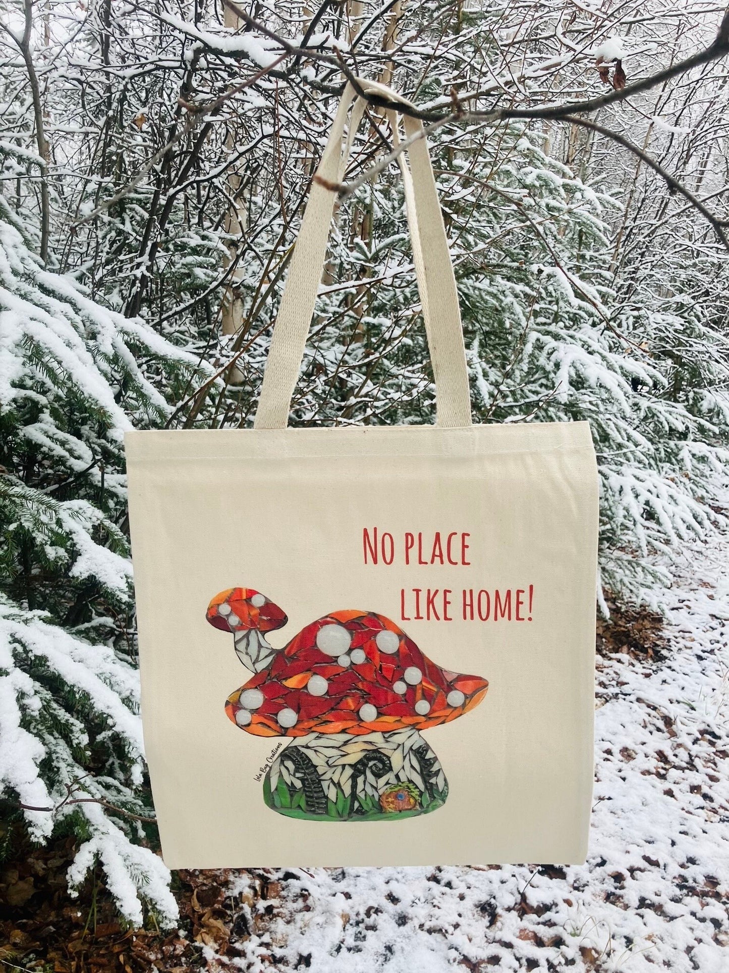 No place like home,  mushroom house, cotton canvas tote printed bag