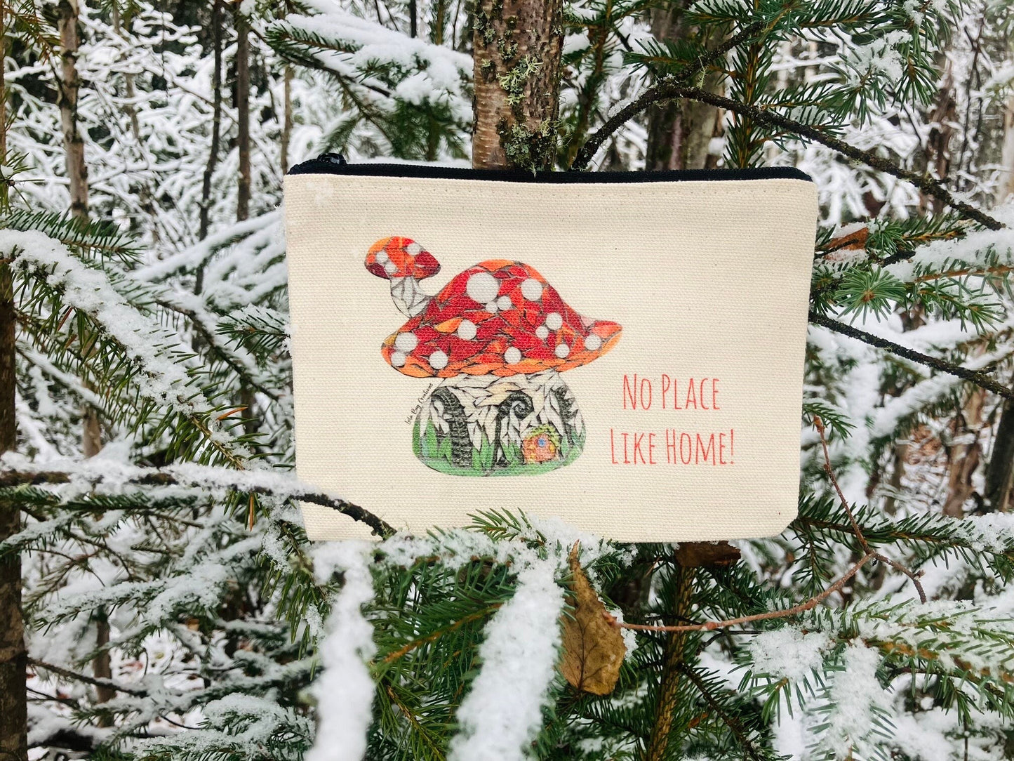 There’s no place like home, mushroom house,  cotton canvas zipper printed bag