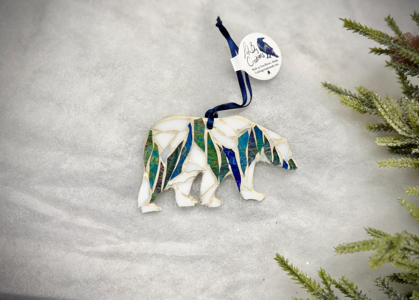 Northern lights polar bear glass mosaic / ornament/ magnet.