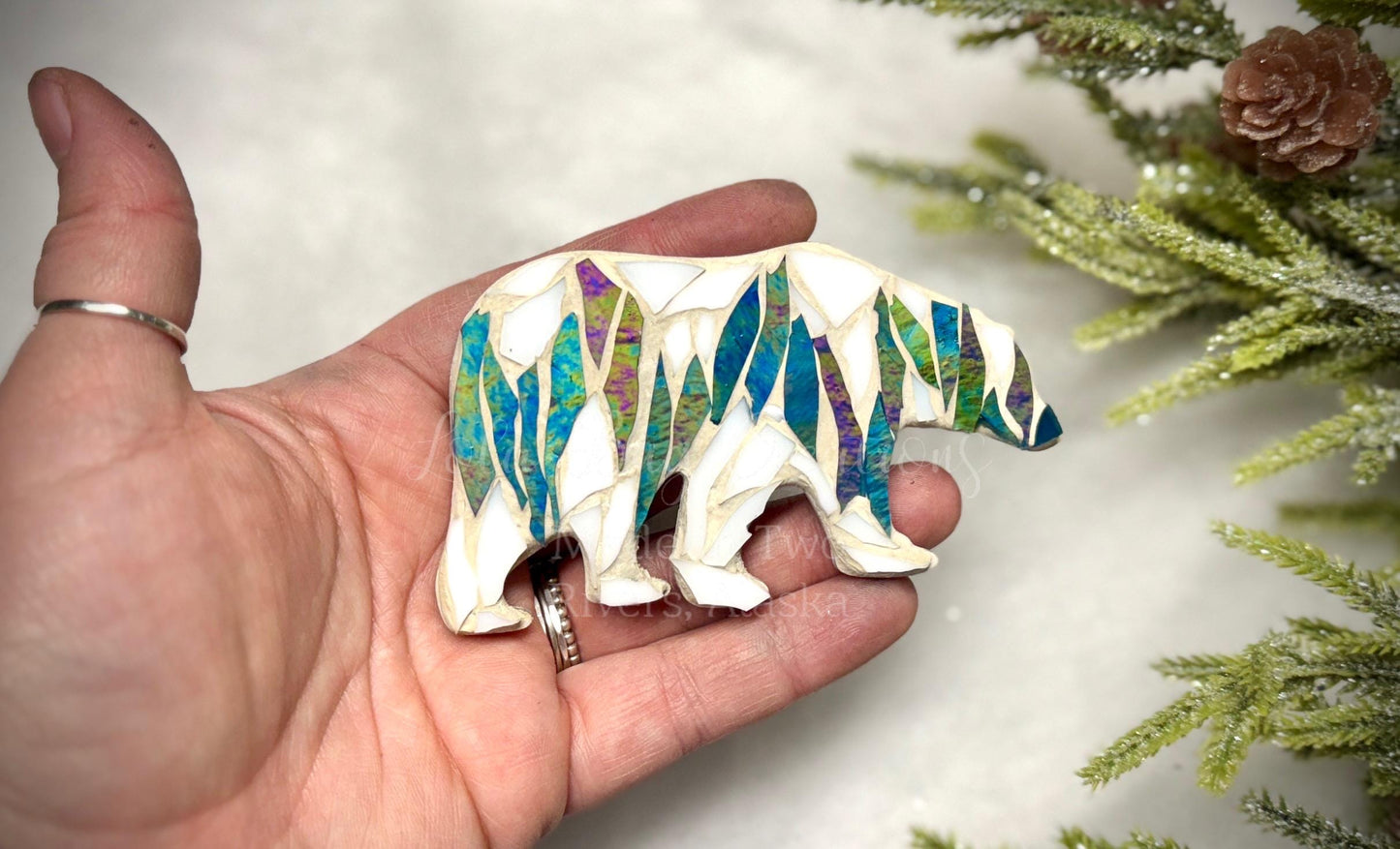 Northern lights polar bear glass mosaic / ornament/ magnet.