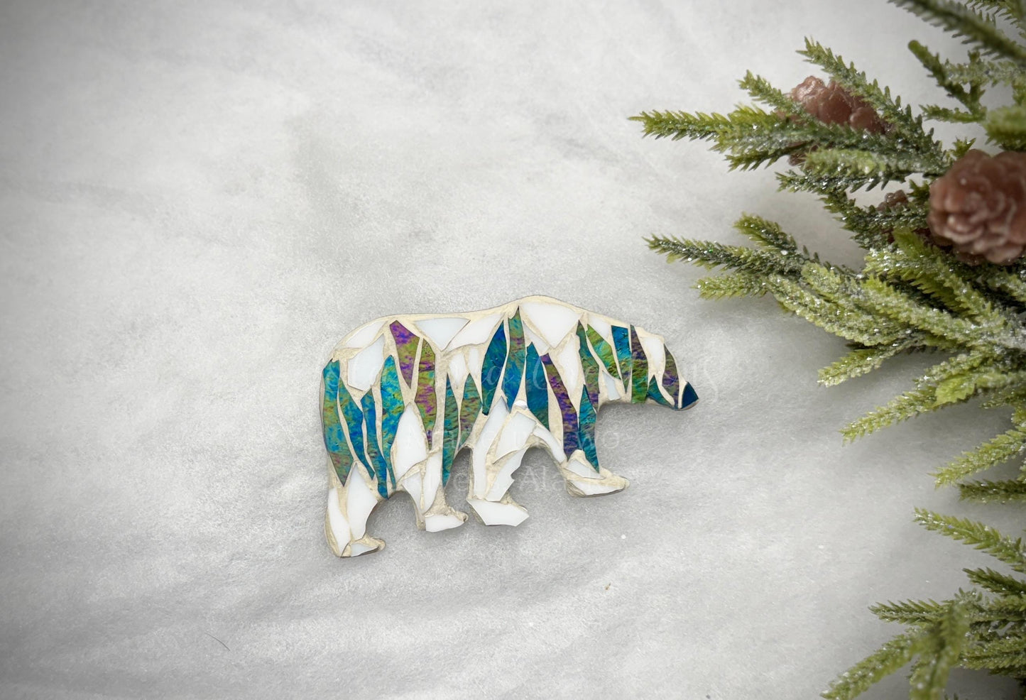 Northern lights polar bear glass mosaic / ornament/ magnet.